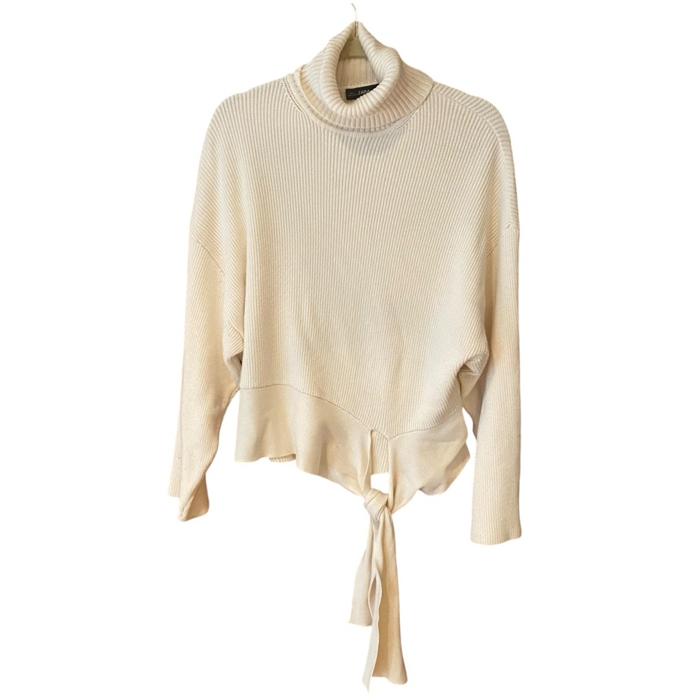 Zara Knit Front Tie Cream Sweater Size Medium